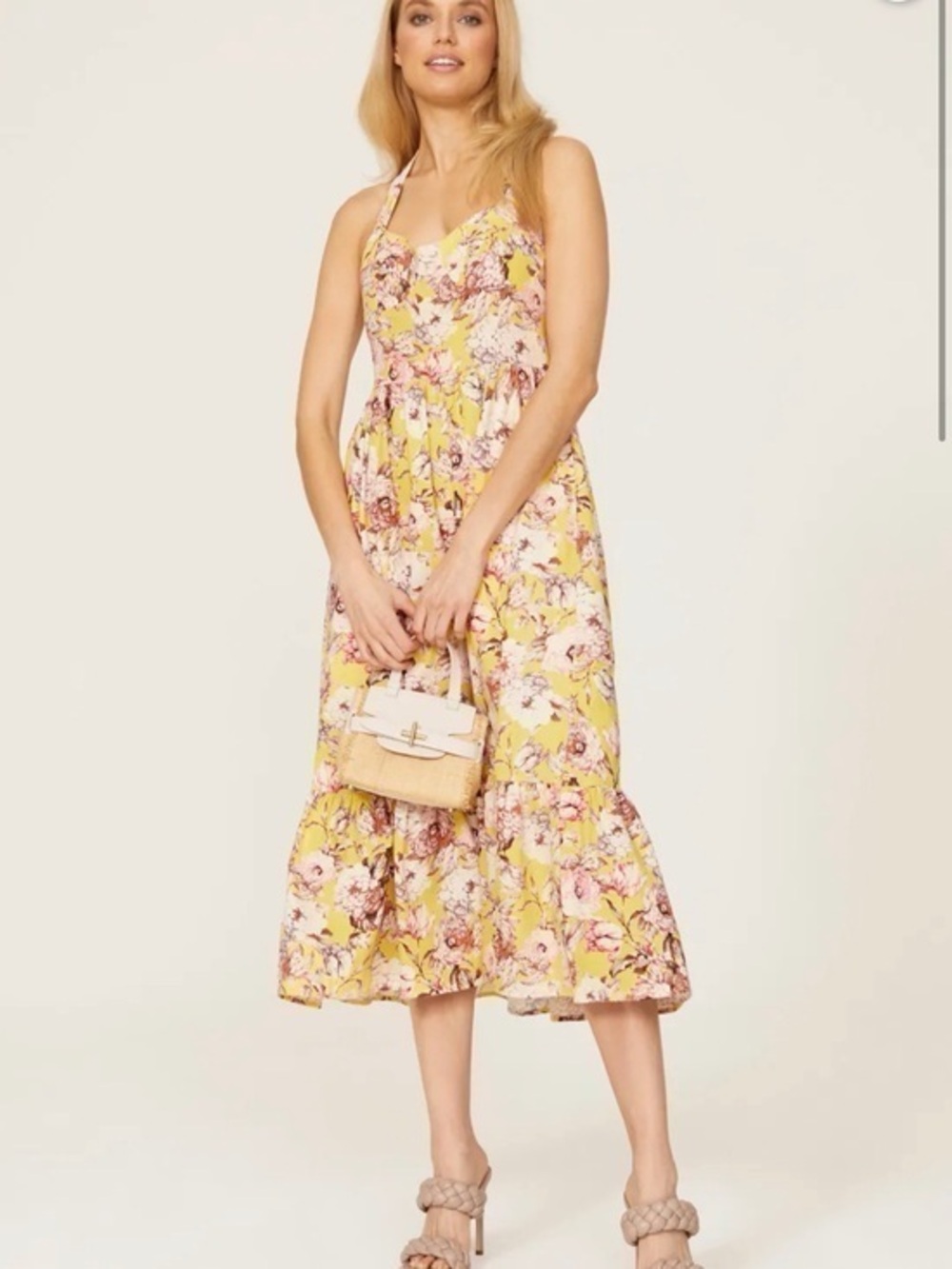 Bardot LaBella Floral Midi Dress Size XS / 2 Yellow Pink Cottagecore Romantic
